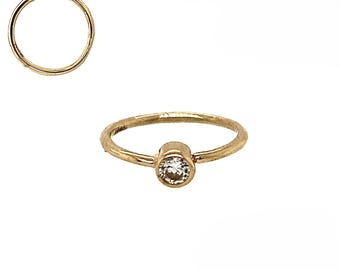 14K Solid Yellow Gold Bezel Nose Ring Hoop with 2mm CZ Stone