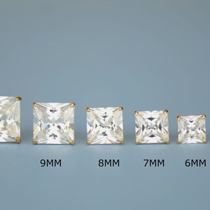 14K Solid Yellow Gold Square Clear Cubic Zirconia Basket Set Stud Earrings with Push Back 3mm-10mm