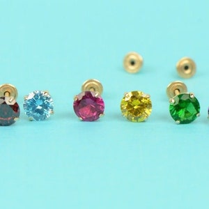 14K Yellow Gold Basket Set Birthstone Round Screw Back Stud Earrings with Cubic Zirconia 4mm.