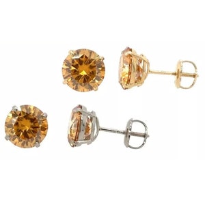 14K Gold  Certified D-VVS1 Round Champagne Moissanite Flower Screw Back Studs Earrings Dainty
