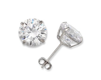 14K Solid White Gold Round Bright Clear Cubic Zirconia Prong Set Stud Earrings. 2mm-10mm.  Perfect for baby!