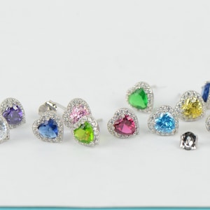 14K White Gold Heart Halo Birthstone Push Back Earrings with Cubic Zirconia.
