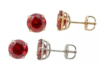 14K Gold  Certified D-VVS1 Round Garnet Moissanite Flower Screw Back Studs Earrings Dainty