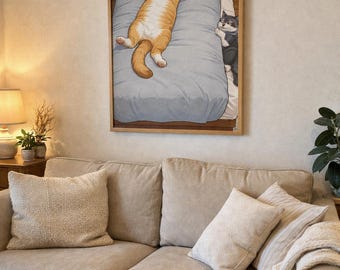 Arte de pared imprimible para dormitorio de gato, ilustración de cama de gato, impresión humorística de pareja, decoración de pared para dormitorio, descarga digital