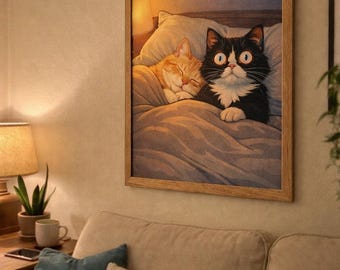 Arte de pared imprimible para dormitorio de gato divertido, ilustración de gato con falta de sueño, impresión de pareja de gatos, arte humorístico para dormitorio
