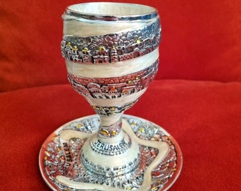 Silver coated Jerusalem Kidush  Shabbat wine cup grail enamel special design one of its kind Made in Israel