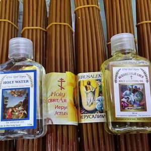 5 Beeswax 33 Candles Blessed And Lit In Holy Sepulchre Jerusalem Bee Wax candles +Holy water and Anointing oil