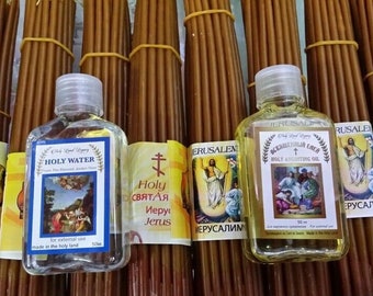 5 Cera de Abeja 33 Velas Bendecidas en Jerusalén, Agua Bendita, Aceite de Unción
