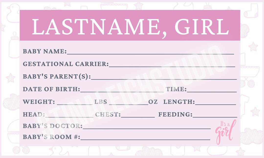 Hospital Card Birth Stats Card Baby Announcement for