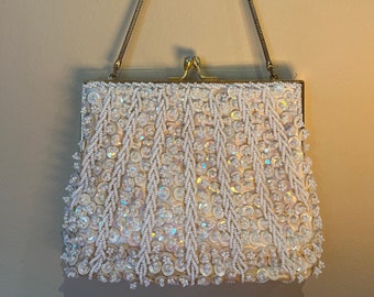 Vintage 1950s GOLDCO beaded evening bag, Made in Hong Kong, Cream colour, beaded & sequined, gold chain and clasp with crystal  detailing