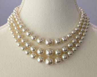 Vintage JAPAN 3 Strand Graduating Pearl Choker Collar Necklace, 14" - 16"