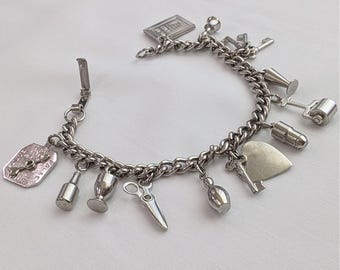 Vintage Charm Bracelet With 12 Various Charms Silver Tone, 6.75"