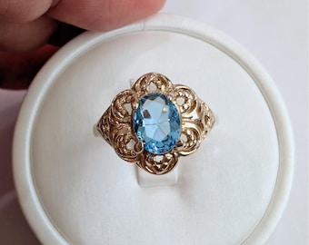 Vintage USA 14K Gold Plated Aquamarine Crystal Edwardian Filigree Ring Size 6.75