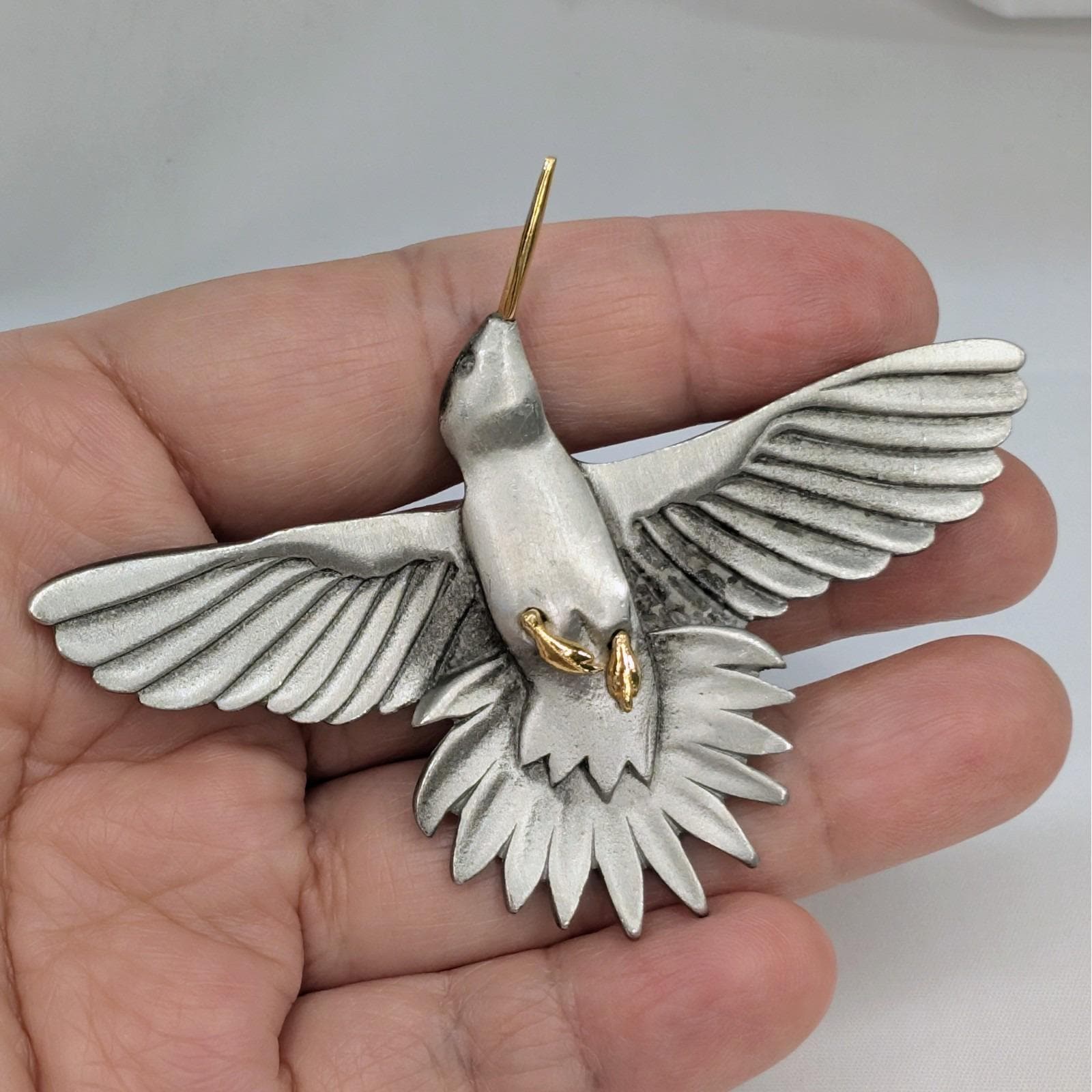Vintage Rare SHIELDS Pewter Hummingbird 18K Beak and Feet Accents