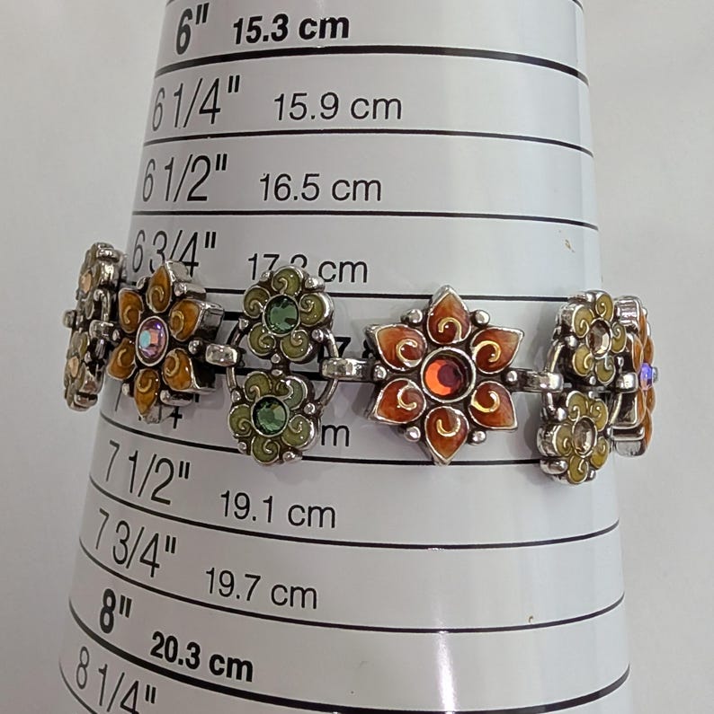 Vintage BRIGHTON "Garden of Eden" Enamel Floral Rhinestone Bracelet, 6.75" - 7" image 15