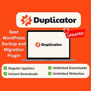 Op de afbeelding: Een laptopscherm waarop de Duplicator WordPress-back-up- en migratieplugin wordt weergegeven. Het scherm toont het logo van de plugin en de functies, waaronder regelmatige updates, directe downloads, onbeperkte downloads en onbeperkte websites. De tekst "UPDATED" wordt weergegeven op een rode banner.