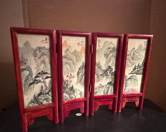 Vintage Miniature Signed Chinese hand painted silk screen 4 panel