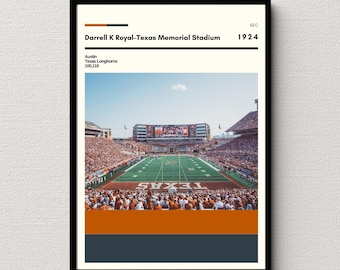 Póster de los Texas Longhorns / Impresión del Estadio Darrell K Royal Texas Memorial / Impresión del Estadio Universitario / Impresión del Dormitorio Universitario / Regalo de Fútbol Americano