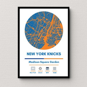 May include: A framed print featuring a blue and orange map of New York City in a circular design. The text "NEW YORK KNICKS" is displayed below the map, with "Madison Square Garden" underneath. Additional icons and text are at the bottom.