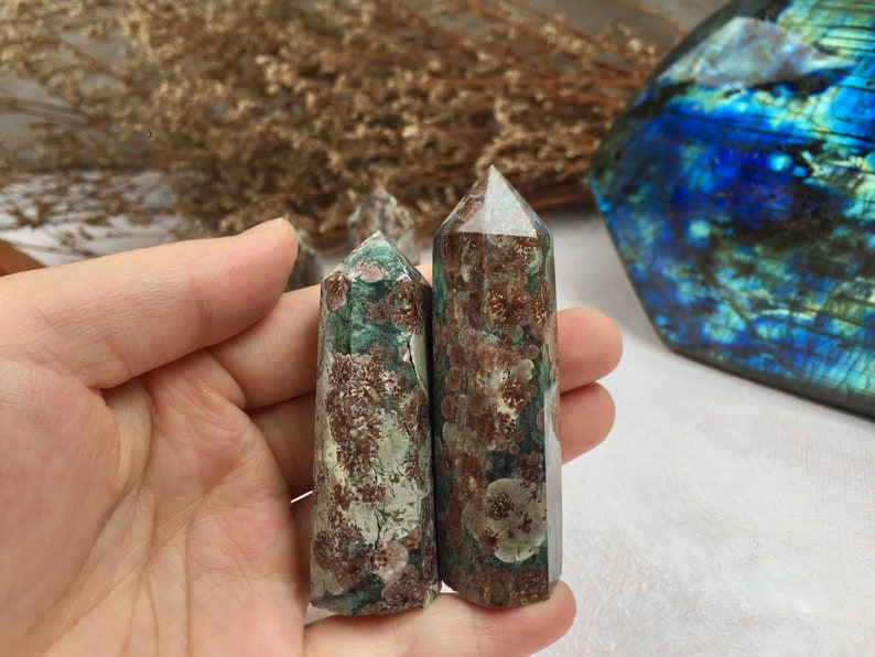 Green Flower Agate Tower,Green Flower Agate Point,Crystal Tower/Wand,Healing Crystal,Reiki Chakra Stone,Home Decor,For GiftA gift for mom zdjęcie 1