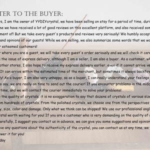 May include: A message to buyers from YYDIYcrystal, addressing order processing, delivery, and crystal quality. The text is on a cream-colored background in a handwritten style. The letter is signed by Cain.