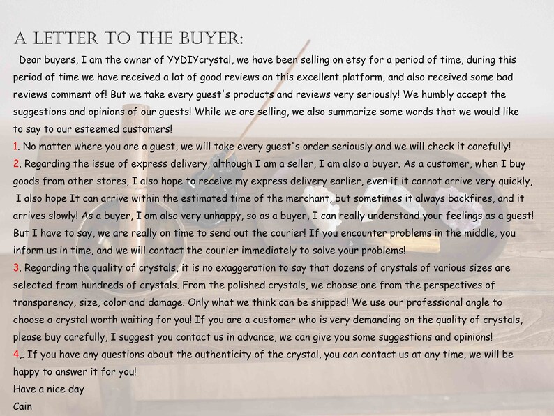 May include: A message to buyers from YYDIYcrystal, addressing order processing, delivery, and crystal quality. The text is on a cream-colored background in a handwritten style. The letter is signed by Cain.