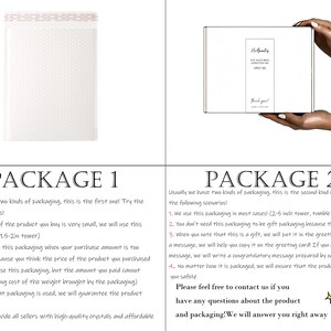 May include: The image displays two types of packaging. Package 1 is a white bubble wrap envelope. Package 2 is a white box with the text "HitBeauty". The text below the packages describes the packaging options.