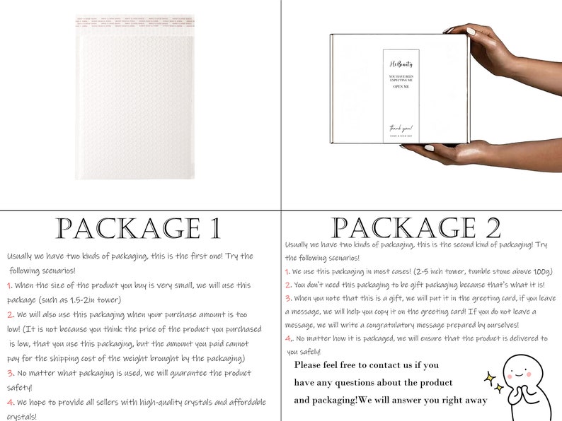 May include: The image displays two types of packaging. Package 1 is a white bubble wrap envelope. Package 2 is a white box with the text "HitBeauty". The text below the packages describes the packaging options.