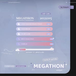Könnte beinhalten: Ein hellblaues und rosafarbenes Twitch-Stream-Overlay mit dem Text "MEGATHON" und einem Timer, der auf 20:22:05 eingestellt ist. Das Overlay enthält eine Liste von Herausforderungen mit Punktwerten, eine Fortschrittsleiste und den Text "twitch & youtube".