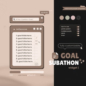 Könnte beinhalten: Ein braunes und schwarzes Zielverfolgungs-Widget für Twitch und YouTube mit einer Checkliste, einem Timer und einem Punktesystem. Das Widget hat ein anpassbares Design mit einem hellbraunen Hintergrund und einem dunkelbraunen Text. Der Text auf dem Widget lautet "GOAL SUBATHON widget |" und "vollständig anpassbar".
