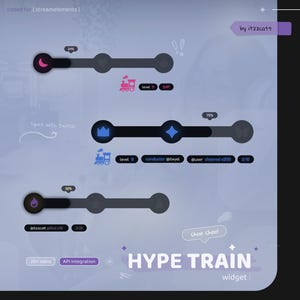 May include: A blue and white hype train widget for Twitch streams. The widget shows the progress of the hype train, with a train icon, level, and conductor. The widget also shows the number of cheers and the time remaining. The text "choo choo!" is displayed on the widget.