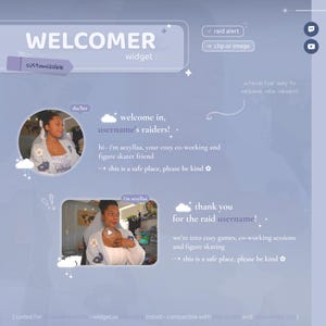 Könnte beinhalten: Anpassbares "WELCOMER" Widget in Hellviolett und Blau. Das Widget enthält Text, Bilder und interaktive Elemente, um neue Zuschauer willkommen zu heißen. Der Text enthält "welcome in, username's raiders!" und "thank you for the raid username!"