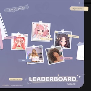 May include: A digital leaderboard widget with six image placeholders, each featuring a different person or anime character. The text "twitch & youtube" and "LEADERBOARD widget" are visible. The design is on a purple background.