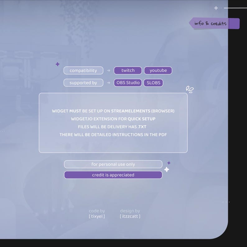 Pu&ograve; includere: Grafica digitale viola e bianca. Il testo include "compatibility", "twitch", "youtube", "OBS Studio" e "SLOBS". Ulteriori testi forniscono istruzioni di configurazione e menzionano un widget e un PDF. La grafica include anche il testo "info & credits".