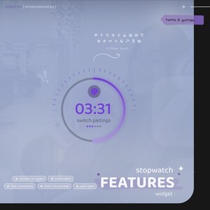 Pu&ograve; includere: Un widget cronometro digitale con una combinazione di colori viola e grigio. Il display mostra "03:31" e "switch paintings". Le funzionalit&agrave; includono numero di cicli, avviso sonoro, comandi chat, pausa breve/lunga e avvio automatico.