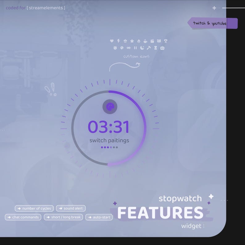 Pu&ograve; includere: Un widget cronometro digitale con una combinazione di colori viola e grigio. Il display mostra "03:31" e "switch paintings". Le funzionalit&agrave; includono numero di cicli, avviso sonoro, comandi chat, pausa breve/lunga e avvio automatico.