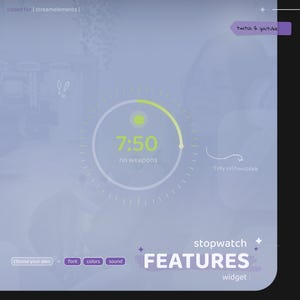 Pu&ograve; includere: Un widget cronometro digitale che mostra 7:50, con la scritta "no weapons". Il design include un timer circolare con una barra di avanzamento verde, la parola "FEATURES" e "widget". L'immagine include anche il testo "twitch & youtube."