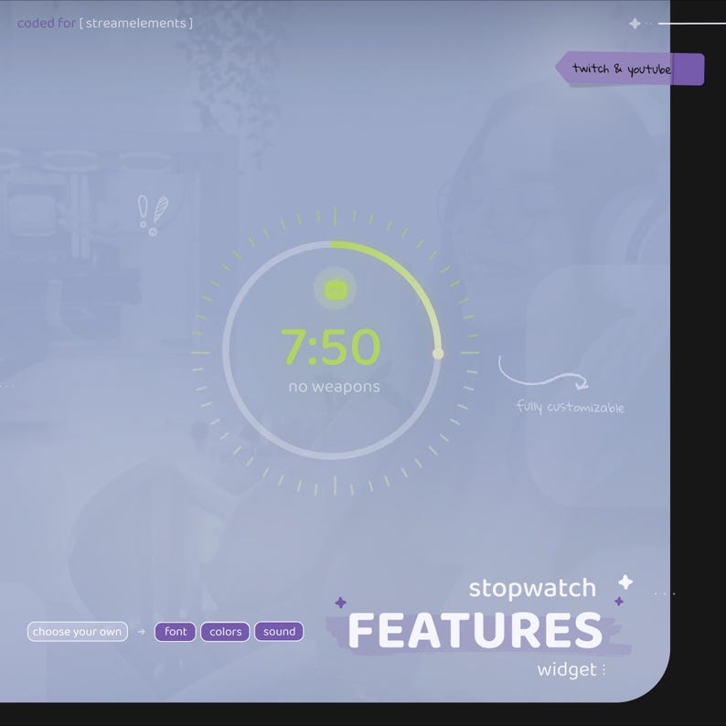 Pu&ograve; includere: Un widget cronometro digitale che mostra 7:50, con la scritta "no weapons". Il design include un timer circolare con una barra di avanzamento verde, la parola "FEATURES" e "widget". L'immagine include anche il testo "twitch & youtube."