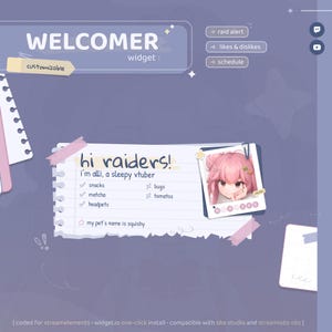 May include: A purple digital overlay for streaming featuring a notepad graphic with the text hi raiders! i'm alli, a sleepy vtuber, a list of interests, and a photo of a pink-haired character. Includes buttons for raid alert, likes, and schedule.