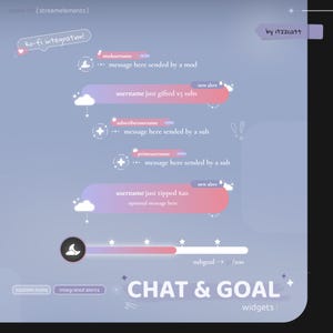 May include: A digital graphic with a blue and purple gradient background. It features text and graphics for a streaming overlay, including alerts for subs, tips, and gifted subs. The text includes "CHAT & GOAL" and "widgets".