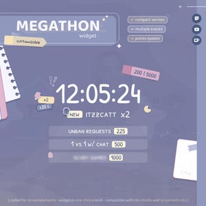 以下が含まれることがあります： 「MEGATHON」の文字と12:05:24の時刻が大きく表示されたデジタルインターフェース。コンパクトバージョン、複数のイベント、ポイントシステムなどのオプションが含まれています。「customizable」、「UNBAN REQUESTS 225」、「1 vs 1 w/ CHAT 500」などのテキストも含まれています。