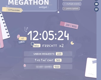 May include: A digital interface with the word "MEGATHON" and the time 12:05:24 displayed prominently. It includes options for compact version, multiple events, and a points system. Other text includes "customizable", "UNBAN REQUESTS 225", and "1 vs 1 w/ CHAT 500".