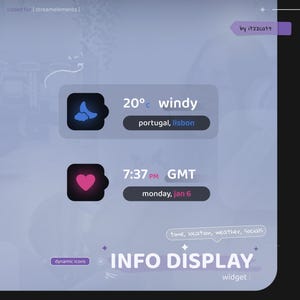 Puede incluir: Un widget de visualización digital con un icono de luna azul, que muestra el clima en Lisboa, Portugal, a 20 grados Celsius y ventoso. La hora es 7:37 PM GMT, el lunes 6 de enero. El widget está etiquetado como "INFO DISPLAY" y "iconos dinámicos".