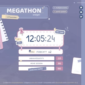 Könnte beinhalten: Ein digitales Widget mit dem Text "MEGATHON" und "widget:" in einem lila-weißen Design. Das Widget zeigt einen Timer, Ereignisdetails und ein Punktesystem an. Die Zeit ist 12:05:24.