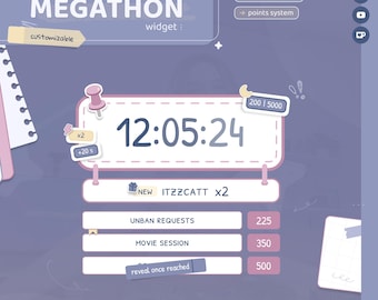 May include: A digital widget with the text "MEGATHON" and "widget:" in a purple and white design. The widget displays a timer, event details, and a points system. The time reads 12:05:24.