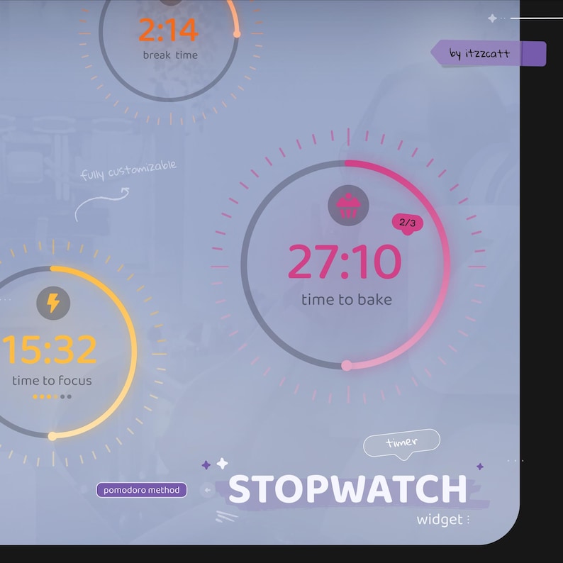 Pu&ograve; includere: Un widget cronometro digitale con sfondo viola chiaro. Il timer mostra "27:10 time to bake", "15:32 time to focus" e "2:14 break time". Il testo "STOPWATCH" &egrave; in basso.