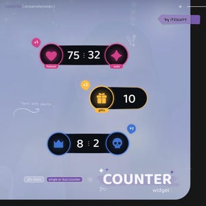 May include: A digital counter widget with a black background and white text. The widget displays four different counters: follows, subs, gifts, and a duo counter. The counters are labeled with icons and numbers. The widget is designed for use on streaming platforms.