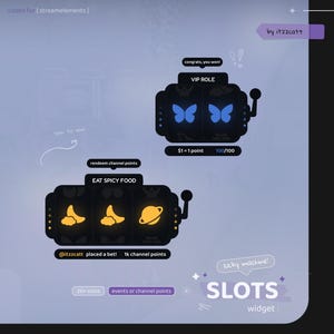 Peut inclure: Un widget de machine à sous bleu et violet avec un texte superposé qui indique "SLOTS widget:". La machine à sous comporte trois fentes avec des images de papillons, de lunes et d'une planète. Le texte "félicitations, vous avez gagné !" est affiché au-dessus de la machine à sous. Le texte "1 € = 1 point 100/100" est affiché sous la machine à sous. Le texte "EAT SPICY FOOD" est affiché au-dessus de la machine à sous du milieu. Le texte "@itzzcatt a placé un pari ! 1 000 points de canal" est affiché sous la machine à sous du milieu.