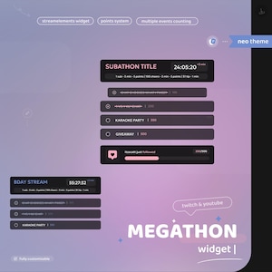 May include: A customisable Twitch and YouTube stream overlay widget with a neon theme. The widget features a timer, a progress bar, and a list of events with points values. The text "MEGATHON widget" is displayed in large white letters.