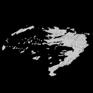 May include: A 3D topographical map of Greece, showing the islands and mainland in white against a black background.